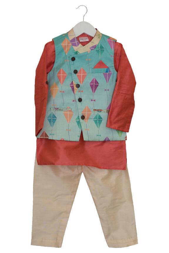 Kids Lane Blue Kite Print Jacket With Kurta And Pyjama For Boys 0