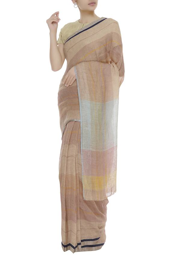 Anavila Peach Woven Striped Linen Saree 3
