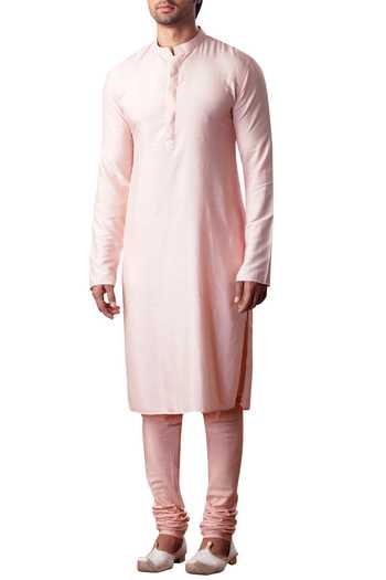 Peach Printed Mandarin Collared Kurta Set With Straight Pant