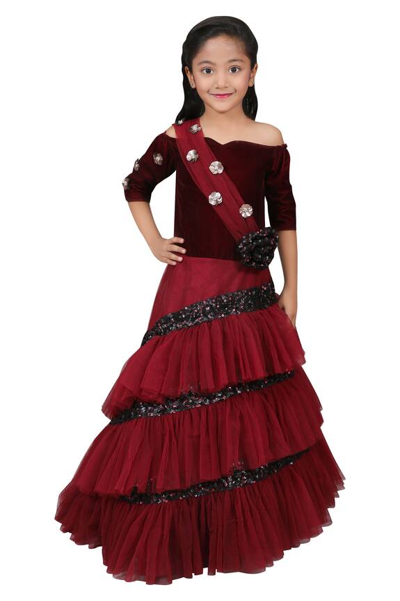 Kirti Agarwal - Pret N Couture Maroon Layered Off Shoulder Gown For Girls 3