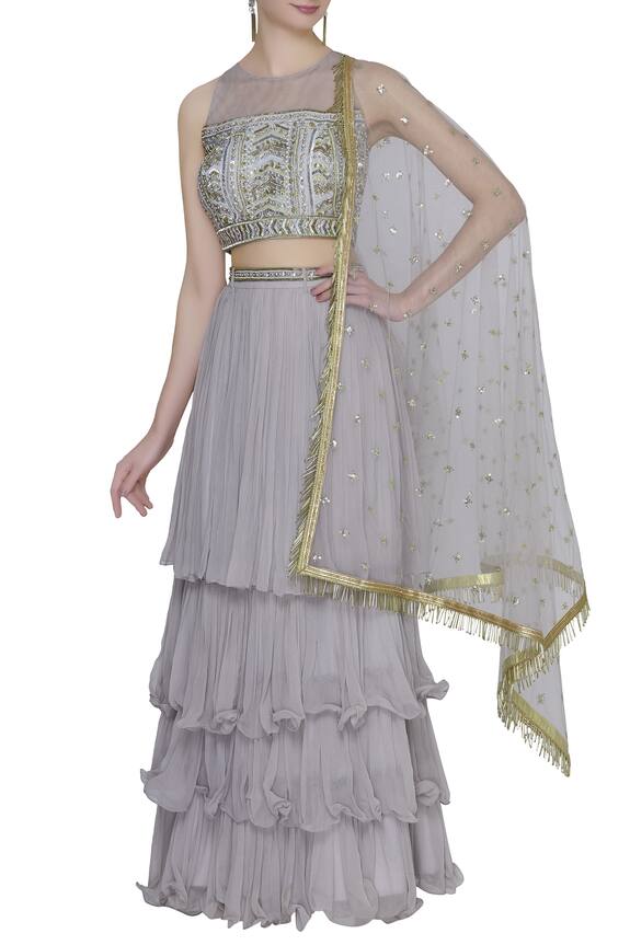 Nidhika Shekhar Grey Embroidered Blouse Lehenga Set 0