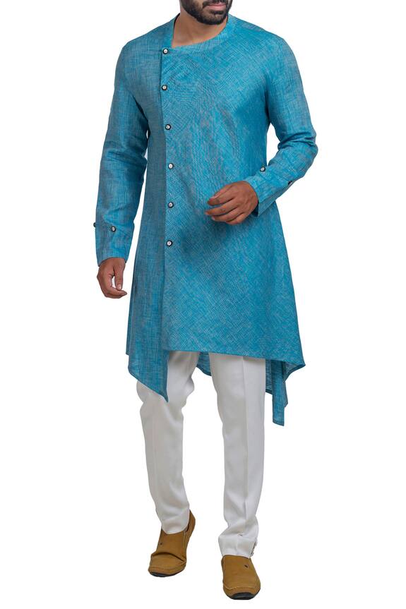 Buy Poonam Kasera Blue Asymmetric Overlap Kurta Online Aza Fashions