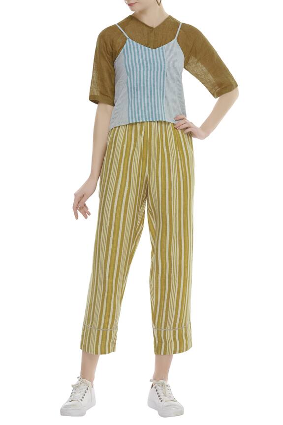 Anavila Yellow Cotton Striped Trouser 0