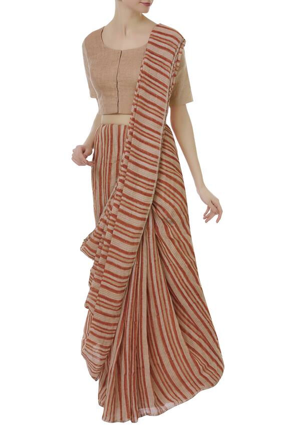 Anavila Peach Linen Striped Saree 1