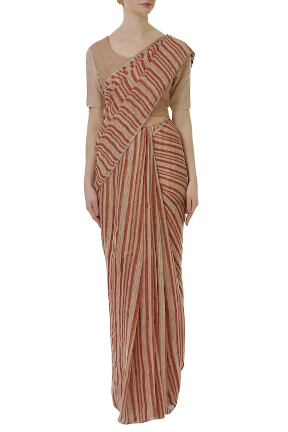 Anavila Peach Linen Striped Saree 3