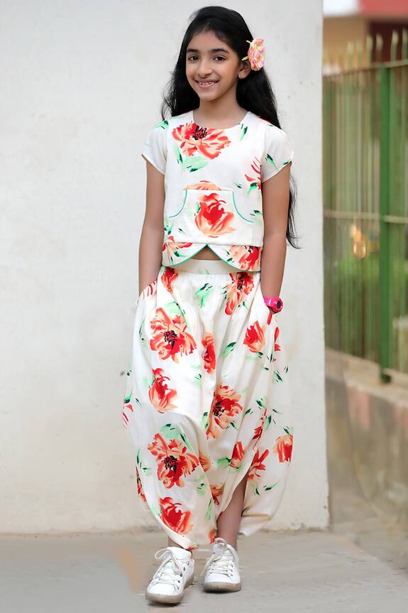 Free Sparrow Off White Printed Dhoti Style Skirt With Top For Girls 0