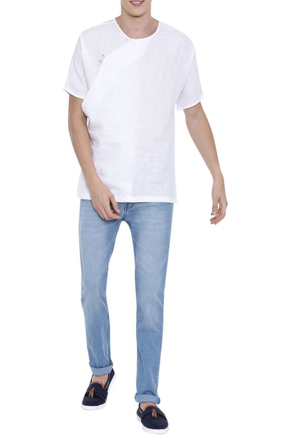 Mayank Modi - Men White Linen Overlap Kurta 0