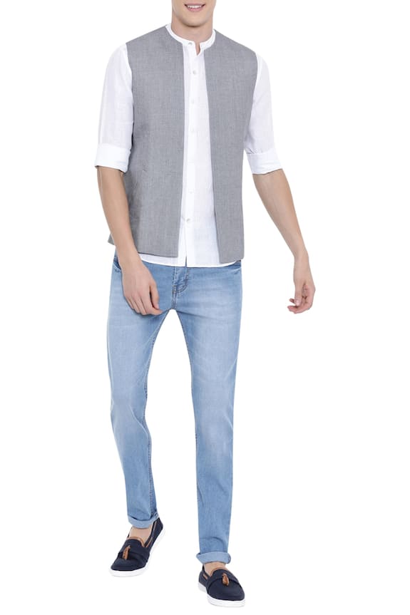 Mayank Modi - Men Grey Linen Short Jacket 0
