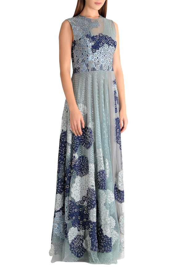 Not So Serious By Pallavi Mohan Blue Tulle Embroidered Long Dress 3