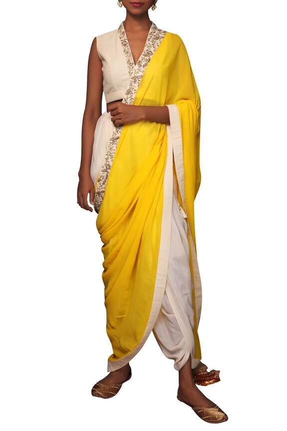 Nikasha Yellow Cotton Pre-draped Dhoti Pant Saree Set 3