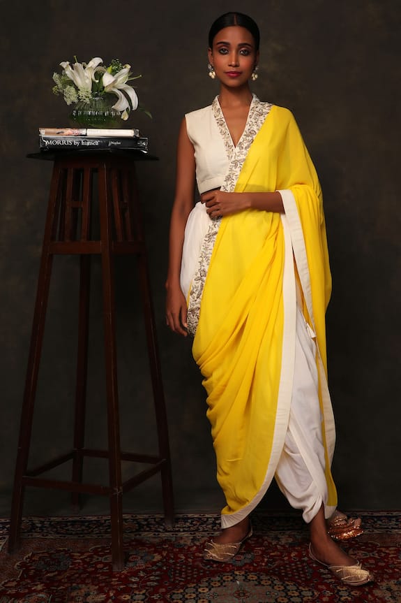 Nikasha Yellow Cotton Pre-draped Dhoti Pant Saree Set 1