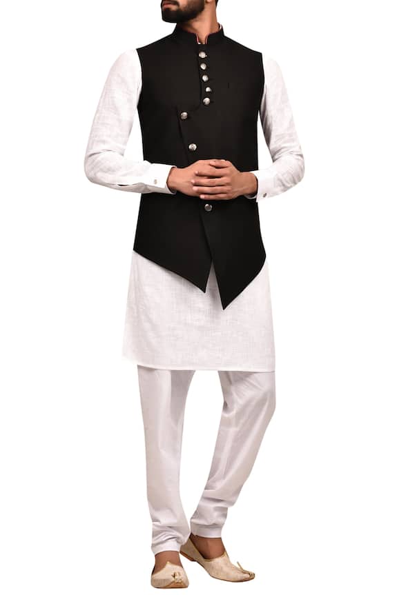 Arihant Rai Sinha Black Terry Rayon Overlap Style Nehru Jacket 1