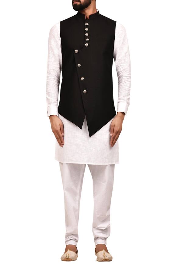 Arihant Rai Sinha Black Terry Rayon Overlap Style Nehru Jacket 5