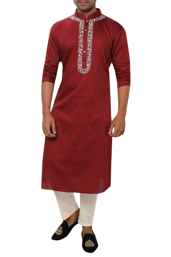 Smriti by Anju Agarwal Maroon Cotton Silk Kurta Set 0