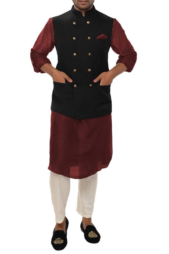 Smriti by Anju Agarwal Black Cotton Silk Bundi Kurta Set 0
