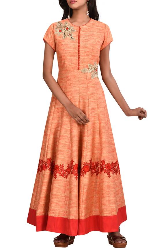 Buy_Khwaab by Sanjana Lakhani_Orange Silk Dupion Embroidered Anarkali Kurta_at_Aza_Fashions