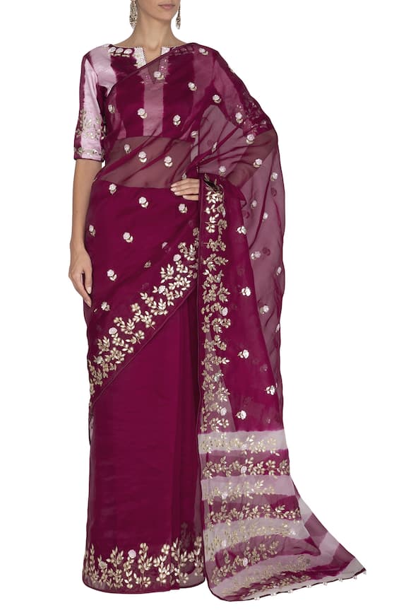 Devnaagri Wine Gajji Silk Embroidered Saree With Blouse 0