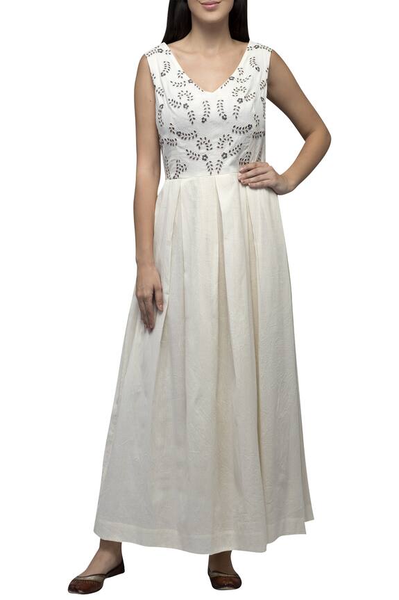 S & V Designs Off White Dobby Cotton Embroidered Maxi Dress 0