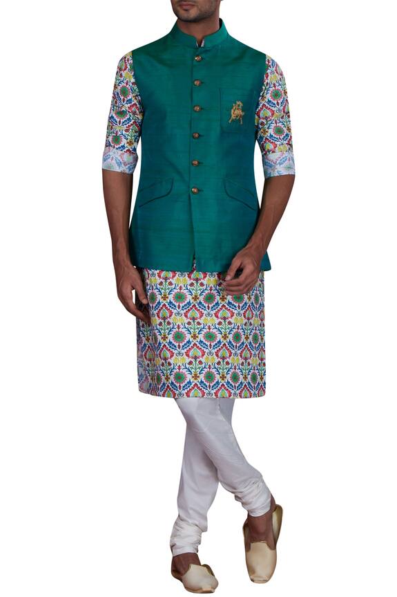 Nitesh Singh Chauhan Green Art Silk Printed Kurta Bundi Set 0