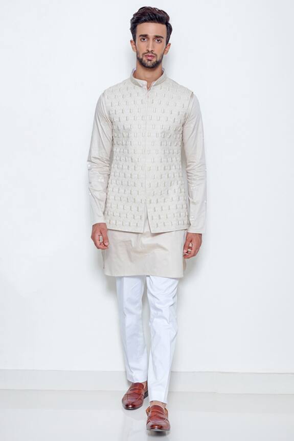 Arjun Kilachand Beige Cotton Silk Embroidered Bundi With Kurta 0