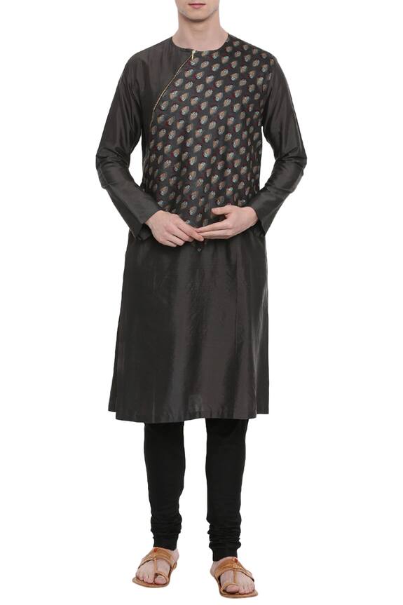 Mayank Modi - Men Black Silk Printed Panel Kurta Set 0