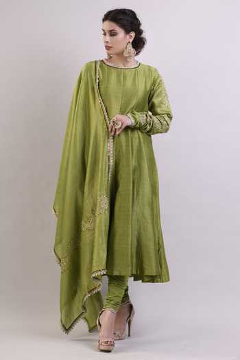 Medha Green Chanderi with Mirror Work Anarkali Suit Set