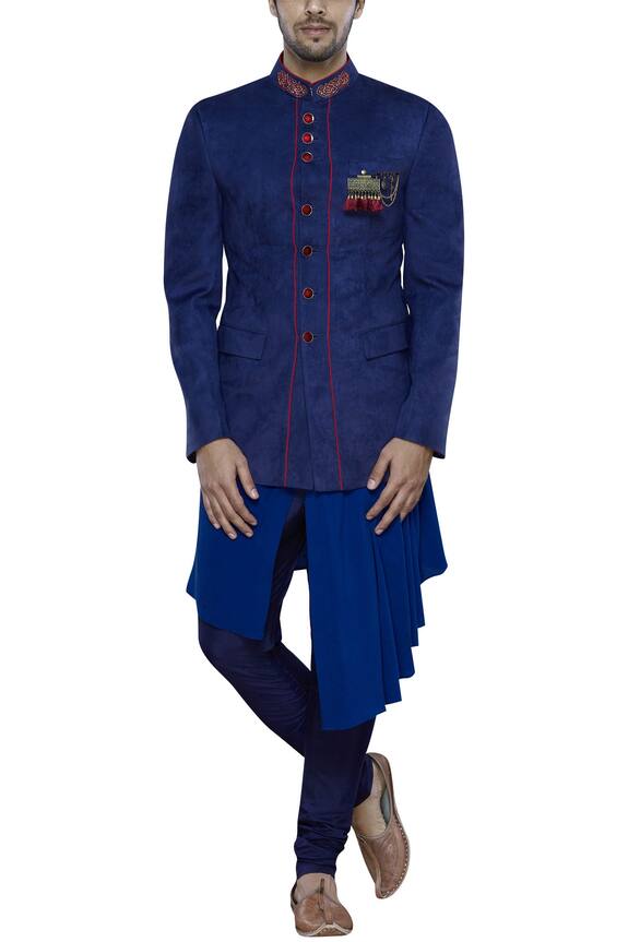 Nitesh Singh Chauhan Blue Imported Suede Button Front Bandhgala Set 0