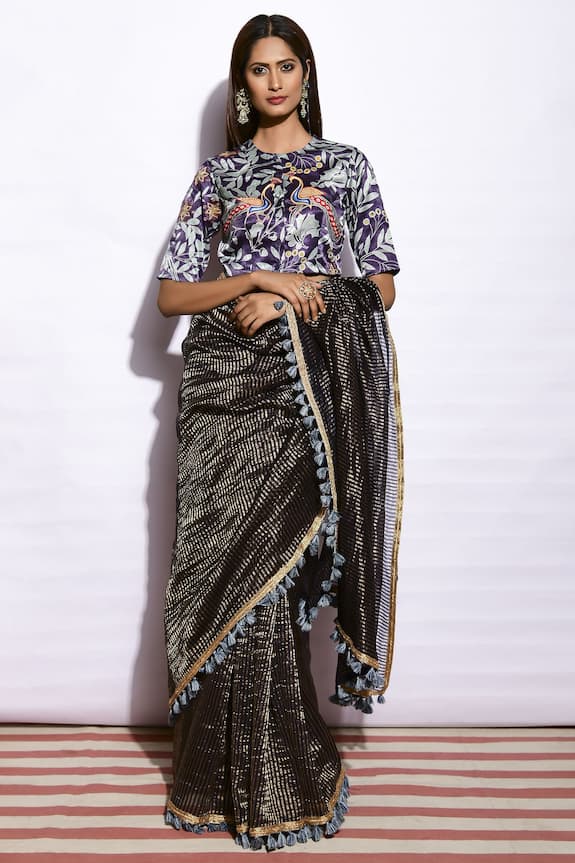 Buy_Swati Vijaivargie_Blue Chanderi Saree With Blouse_at_Aza_Fashions