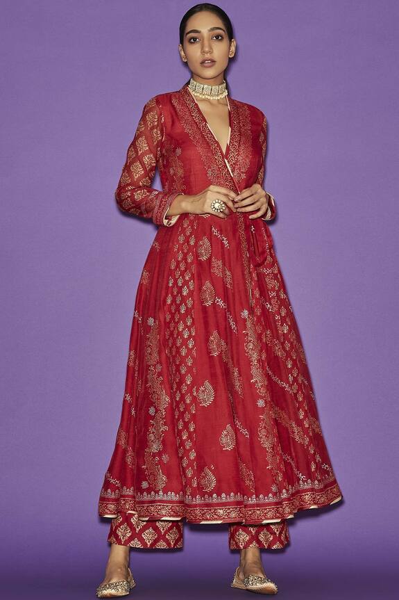 Sue Mue Red Maheshwari Handloom Cotton Printed Anarkali Set 0