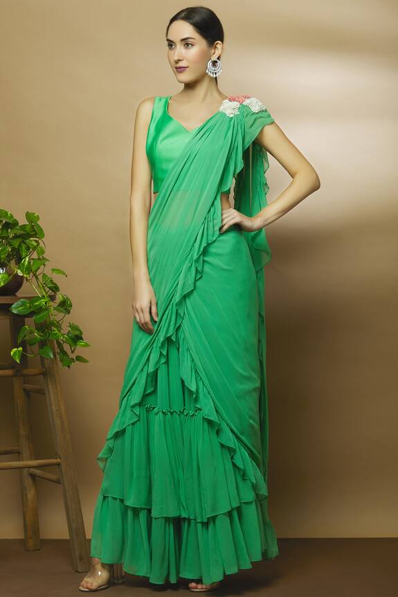Varun Bahl Green Chanderi Pre-draped Ruffle Saree 4