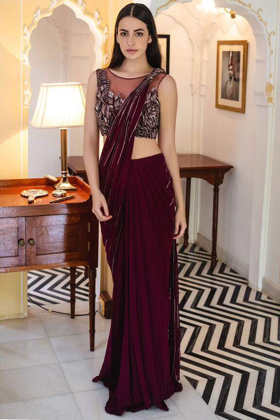 Gaurav Gupta Maroon Georgette Pre-draped Embellished Saree 0