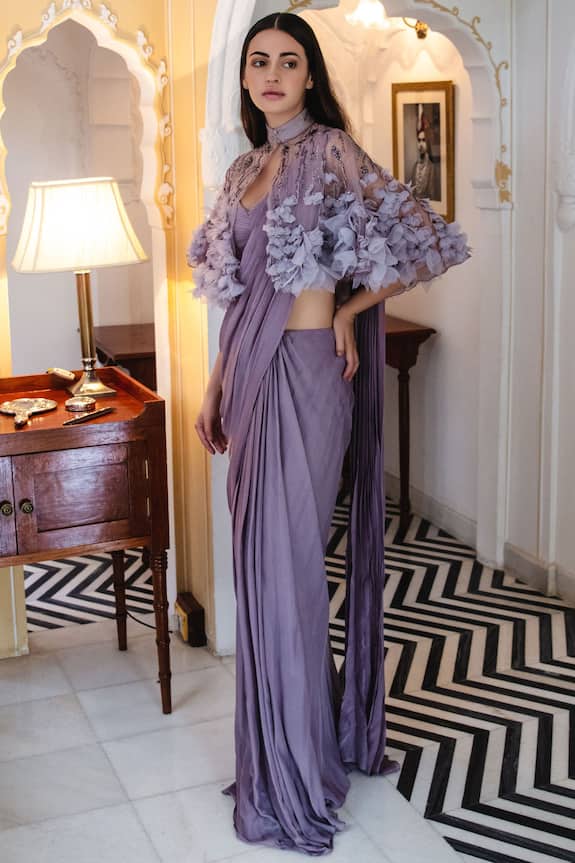 Buy_Gaurav Gupta_Purple Chiffon Draped Saree Gown With Cape_at_Aza_Fashions