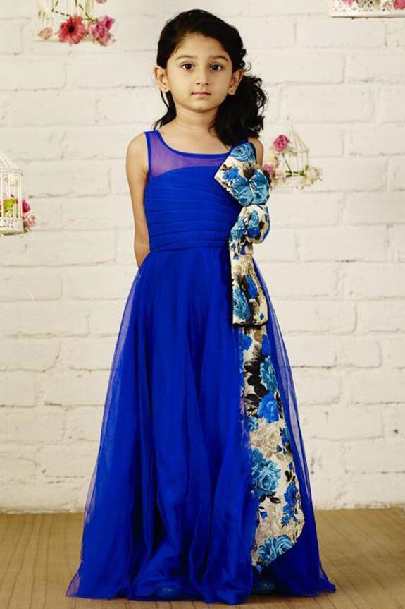 PinkCow Blue Printed Flared Party Gown For Girls 3