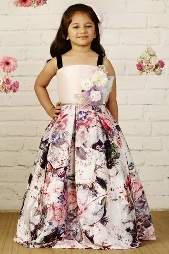 PinkCow Peach Printed Party Gown For Girls 5