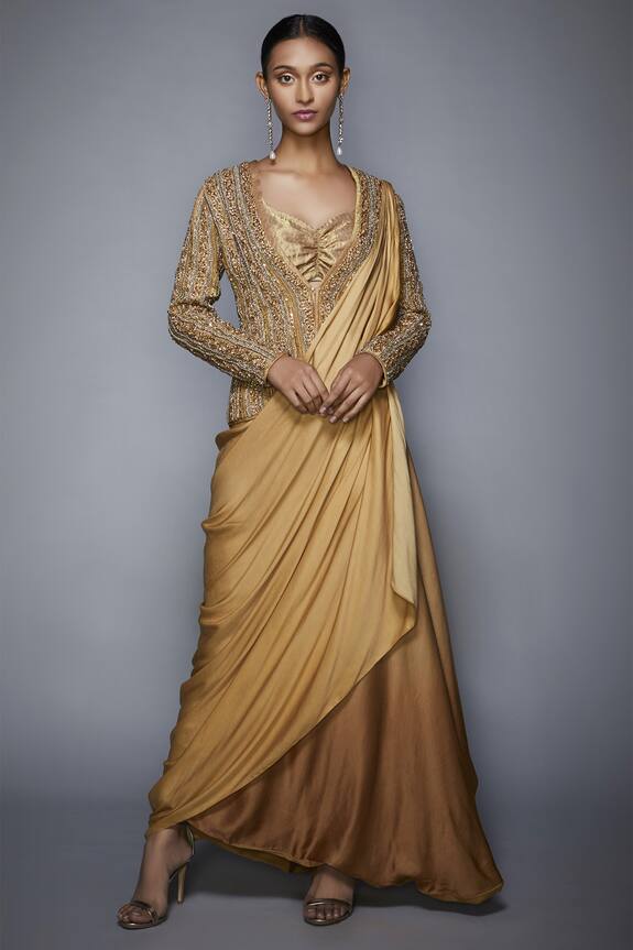 RI.Ritu Kumar Gold Silk Tissue Pre-draped Embroidered Saree Set 1