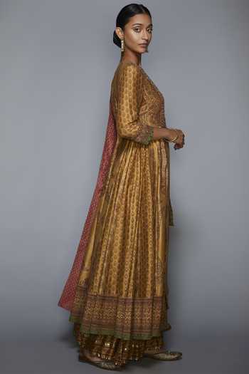 Buy RI.Ritu Kumar Gold Cotton Silk Embroidered Anarkali Lehenga Set ...