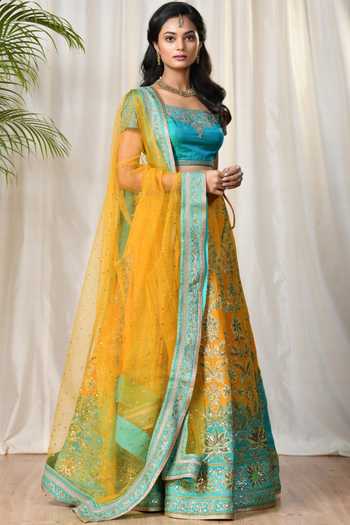 Buy RI.Ritu Kumar Blue Silk Chinon Embroidered Lehenga Set Online | Aza ...