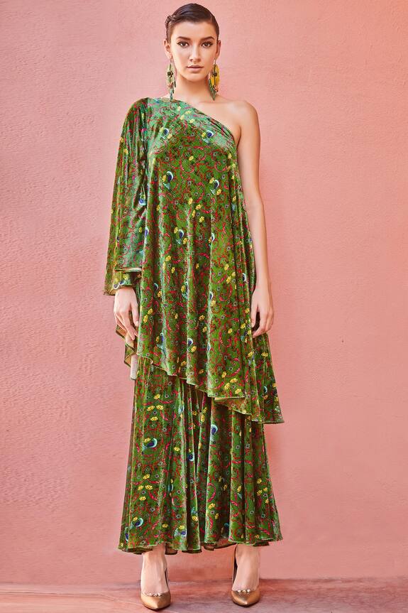 Nautanky Green Printed Silk Velvet Tunic Set 0