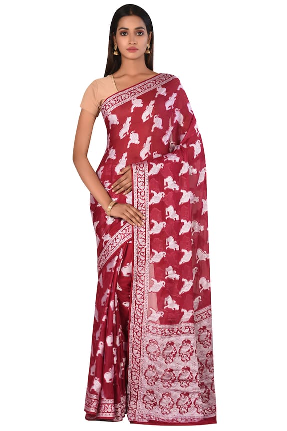 Nazaakat by Samara Singh Maroon Cotton Georgette Woven Saree With Running Blouse Fabric 0