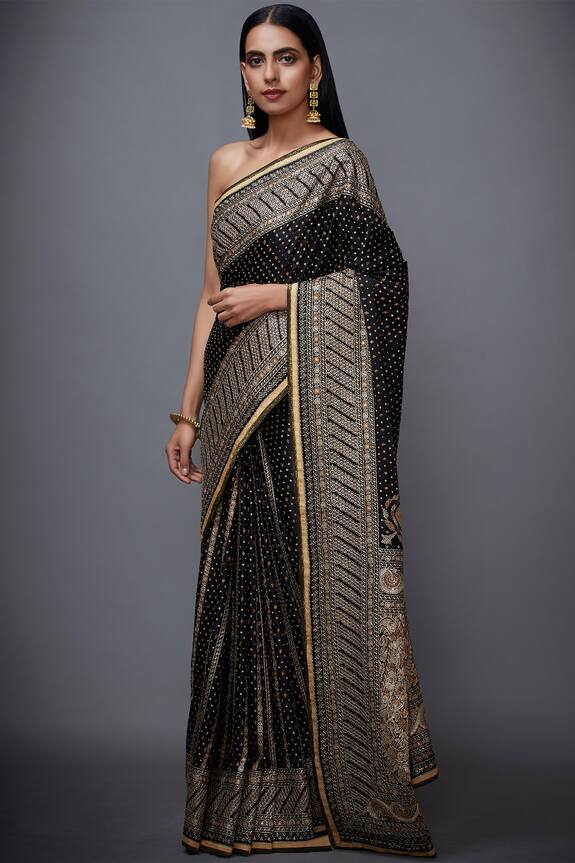 Buy RI.Ritu Kumar Black Silk Satin Embroidered Saree Online | Aza Fashions