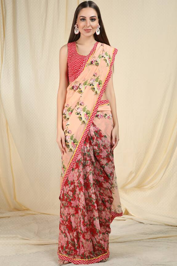 Nikasha Pink Chevron Pre-draped Printed Saree With Blouse 1