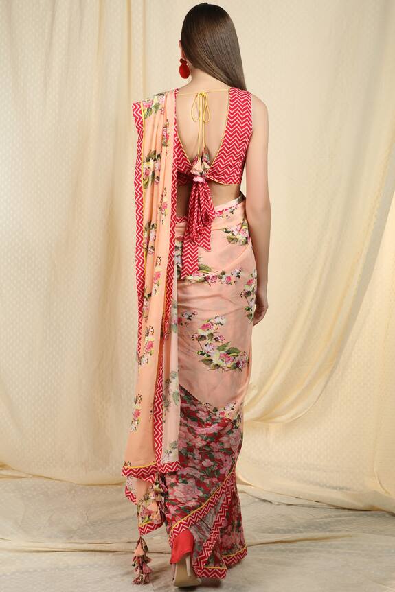 Nikasha Pink Chevron Pre-draped Printed Saree With Blouse 2