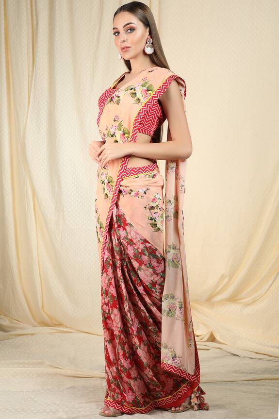 Nikasha Pink Chevron Pre-draped Printed Saree With Blouse 3