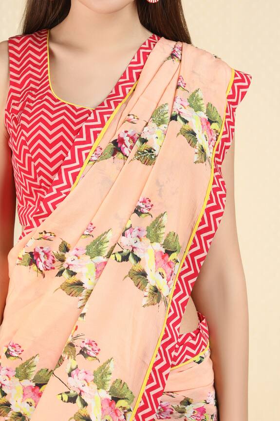 Nikasha Pink Chevron Pre-draped Printed Saree With Blouse 5