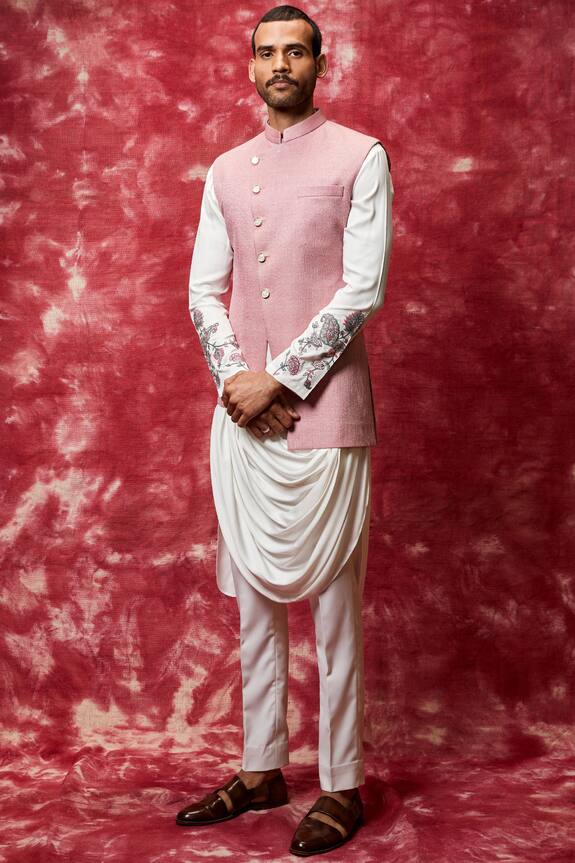 Qbik Pink Matka Silk Embroidered Nehru Jacket Set 0