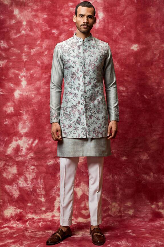 Qbik Blue Chanderi Silk Nehru Jacket Set 0