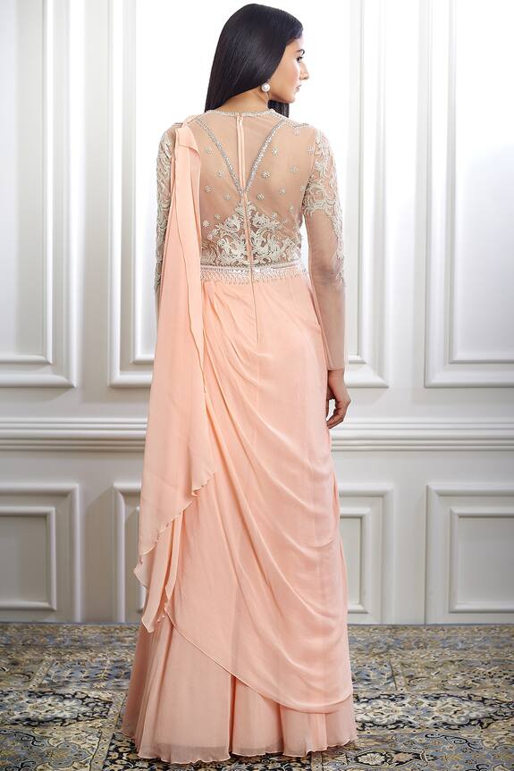 Mandira Wirk Peach Viscose Georgette Embroidered Pre-draped Saree Gown 2
