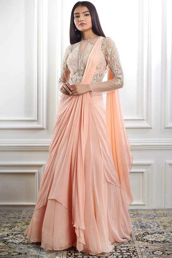 Mandira Wirk Peach Viscose Georgette Embroidered Pre-draped Saree Gown 3
