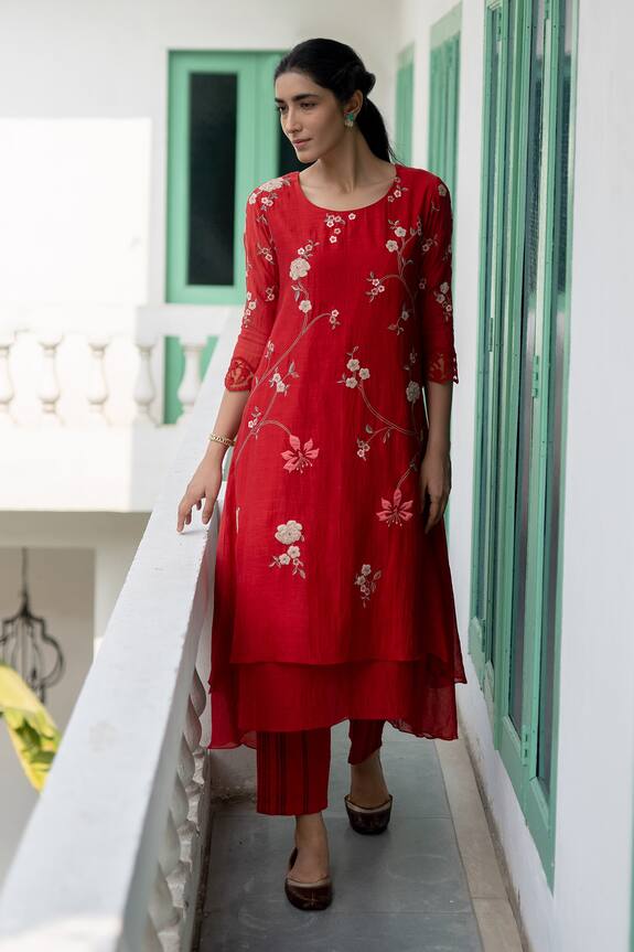 Buy Vaayu Red Cotton Chanderi Kurta And Pant Set Online | Aza Fashions