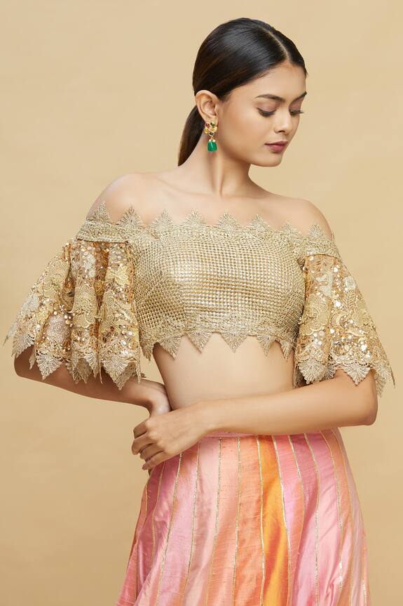 Contradiction Universal promising Buy Pallavi Jaikishan Beige Net Embroidered Off Shoulder Saree Blouse  Online | Aza Fashions